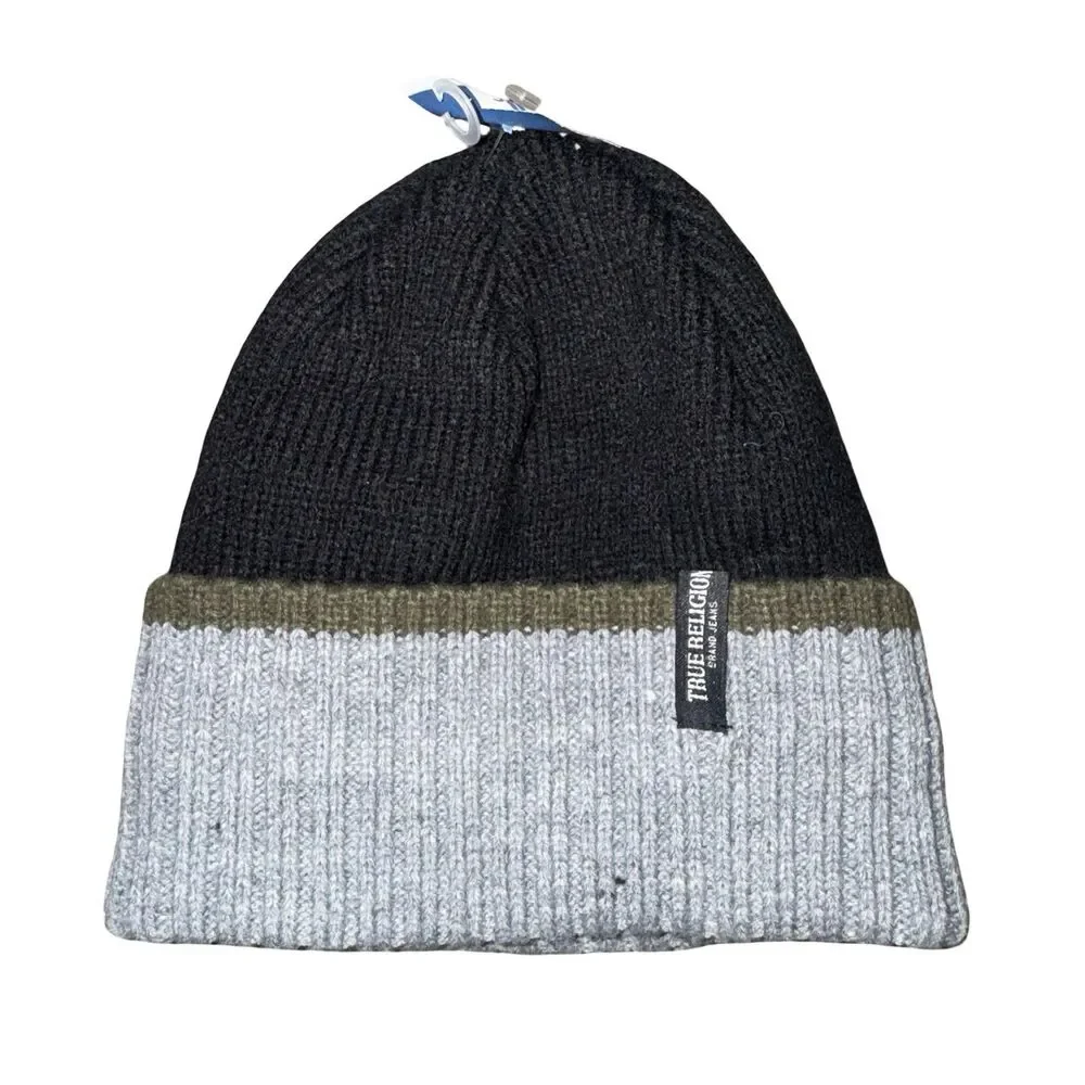 NWT True Religion Beanie Mens One Size Blck Grey Colorblock Faux Shearling Lined